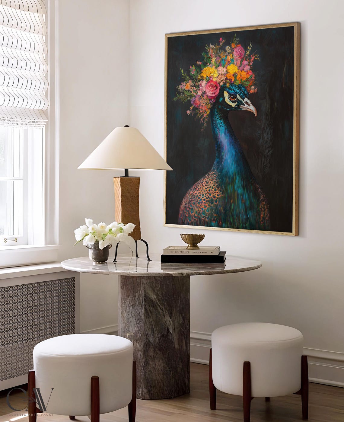 Iridescent Peacock Head With Flower Crown on Deep Teal Art Poster - Image 4
