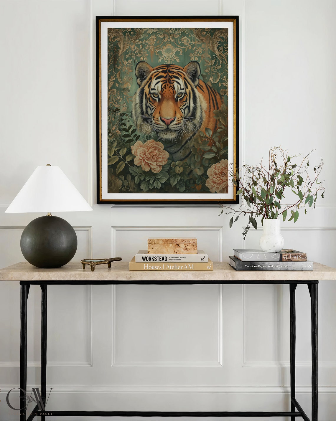 Tiger Face Among Peach Blossoms on Green Damask Jungle Poster - Image 4