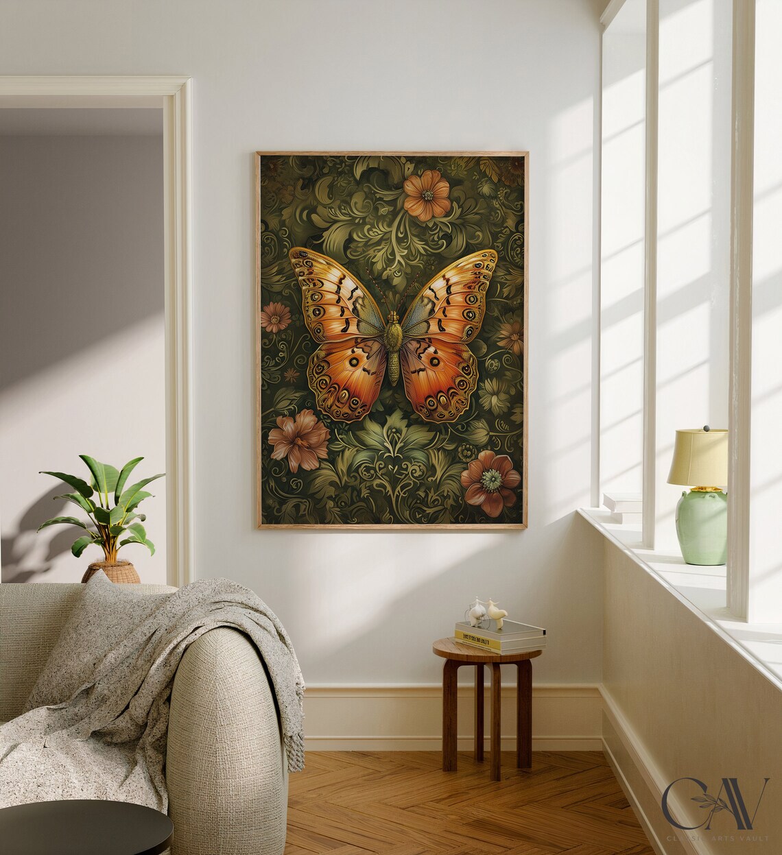 Orange Butterfly Vintage Olive Damask Floral Garden Art Poster - Image 2