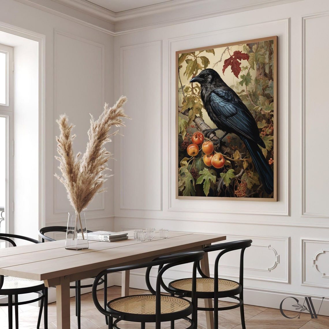 Black Crow on Autumn Branch with Fruit Vintage Botanical Poster - Image 3