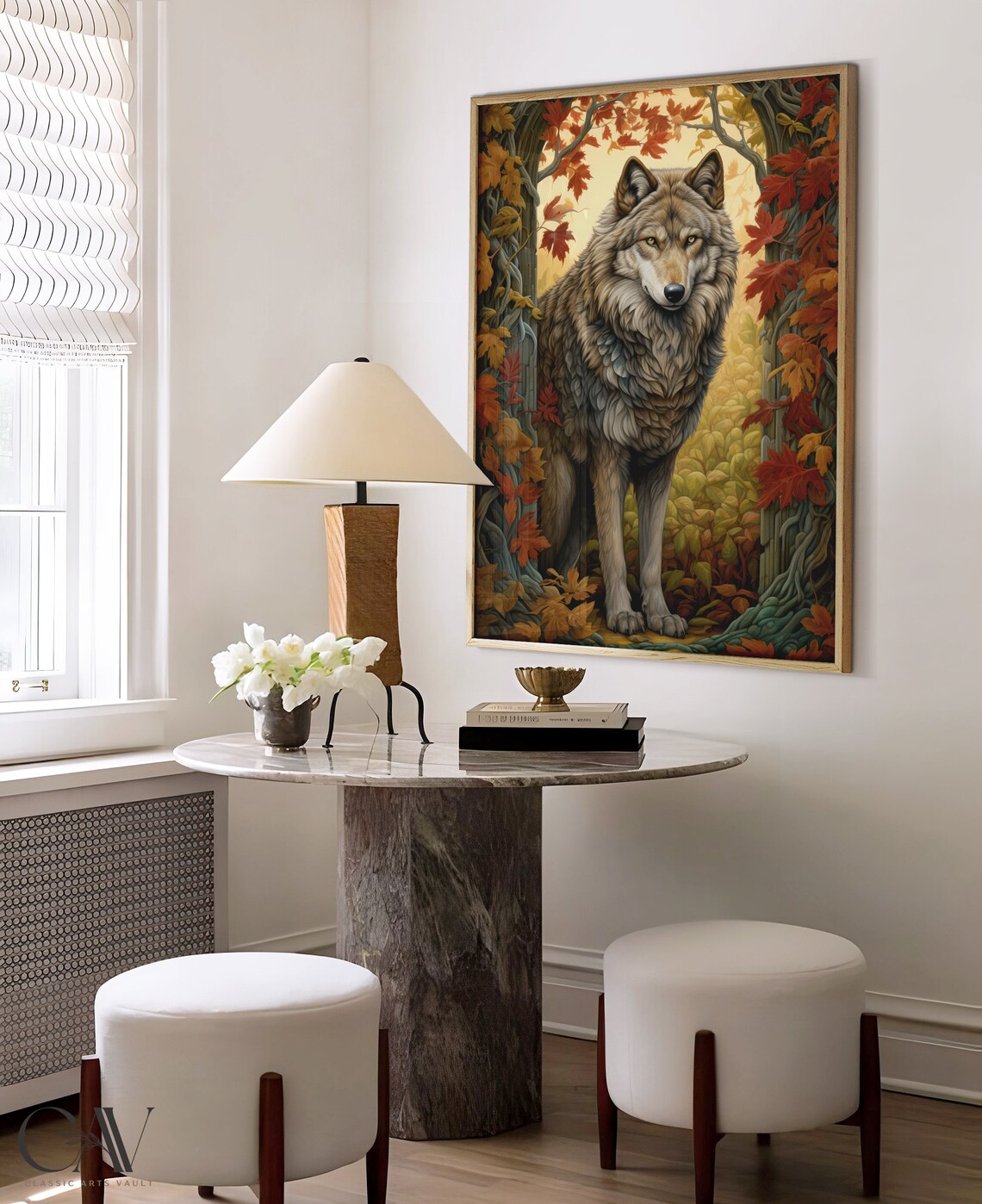 Grey Wolf Portrait Framed by Golden Autumn Maple Leaves Poster - Image 4