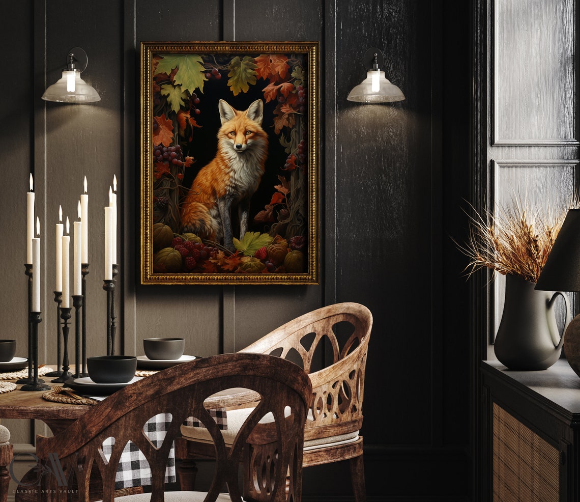 Red Fox Seated Among Autumn Leaves and Berries in Gold Frame Poster