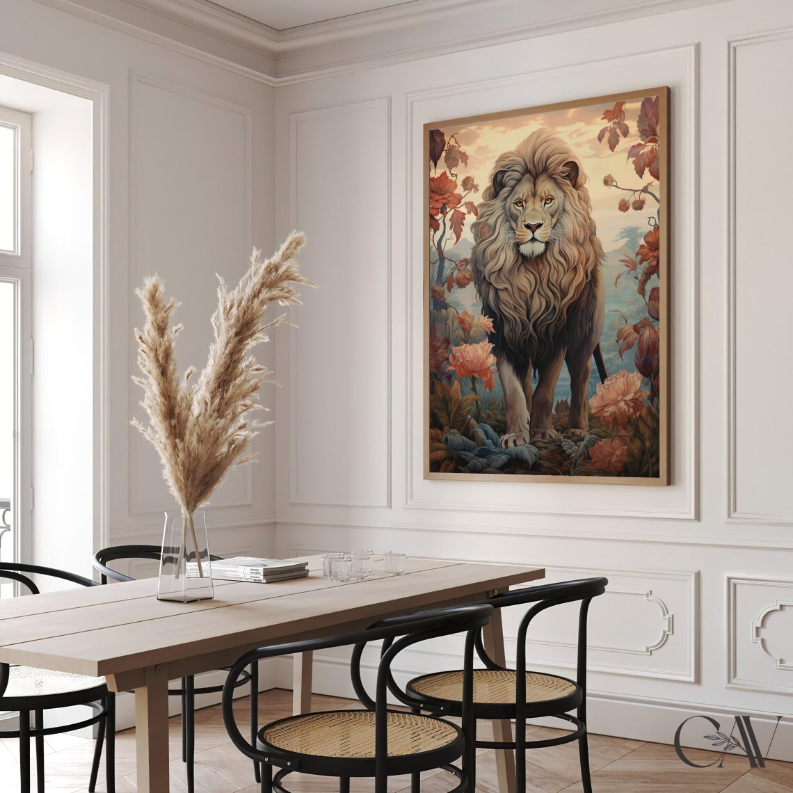 Majestic Lion Standing in Autumn Foliage Golden Framed Poster - Image 2