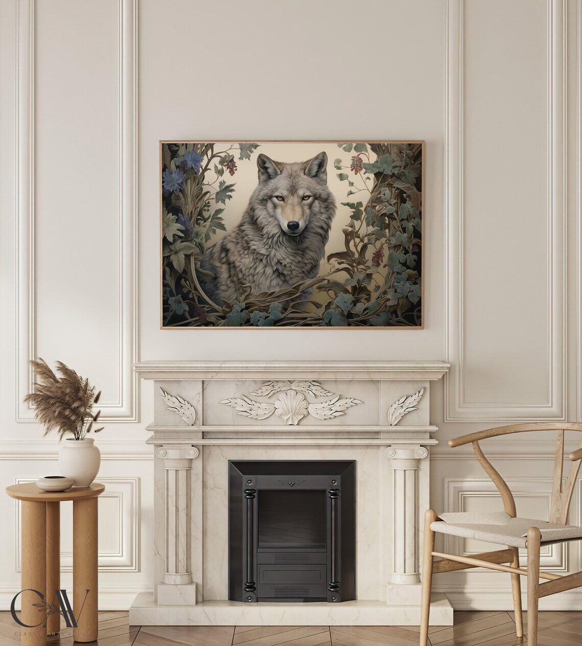 Gray Wolf Framed by Botanical Vines and Flowers Dark Wildlife Art Poster - Image 4