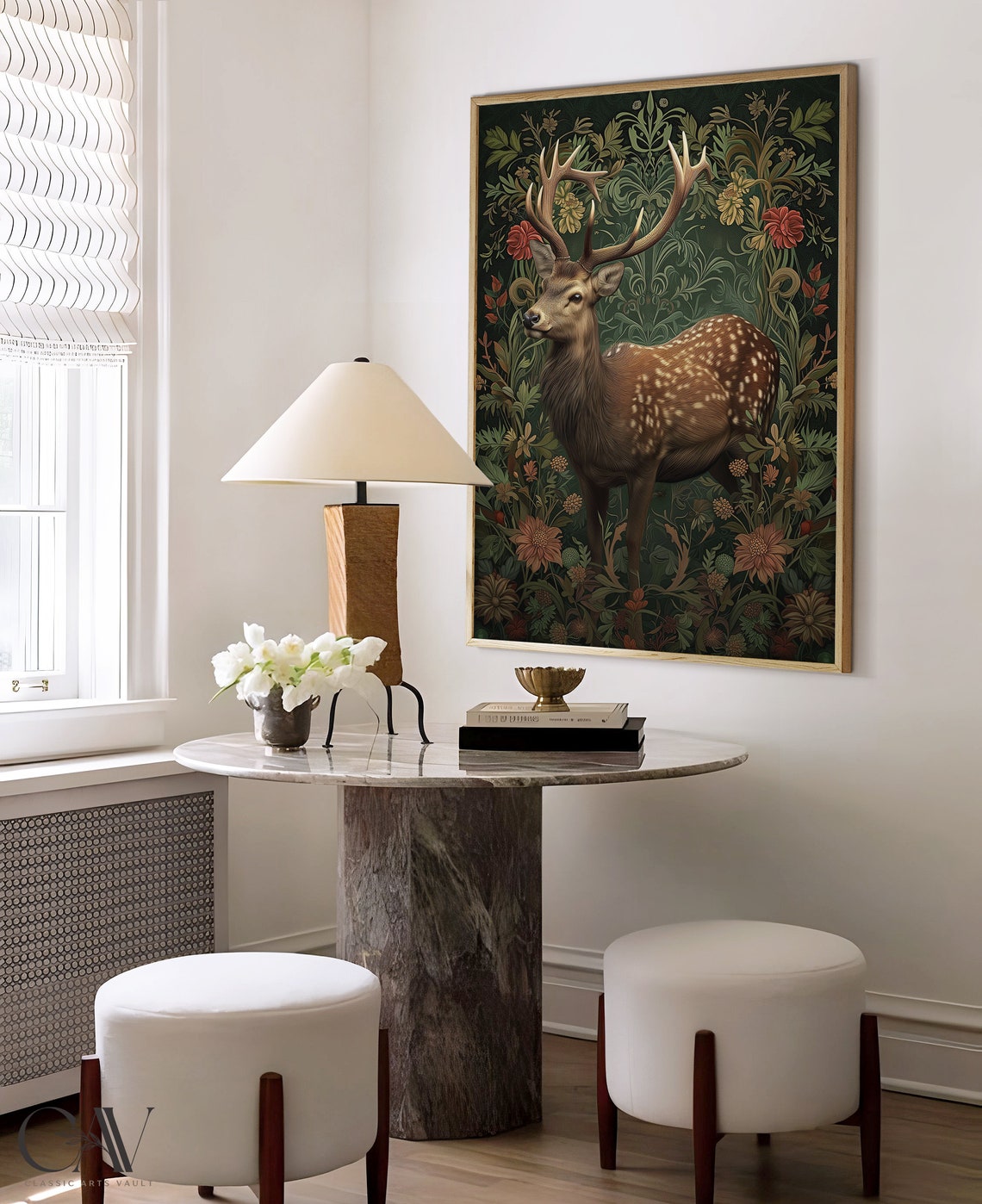 Spotted Stag Deer in Dark Floral William Morris Style Garden Poster - Image 4