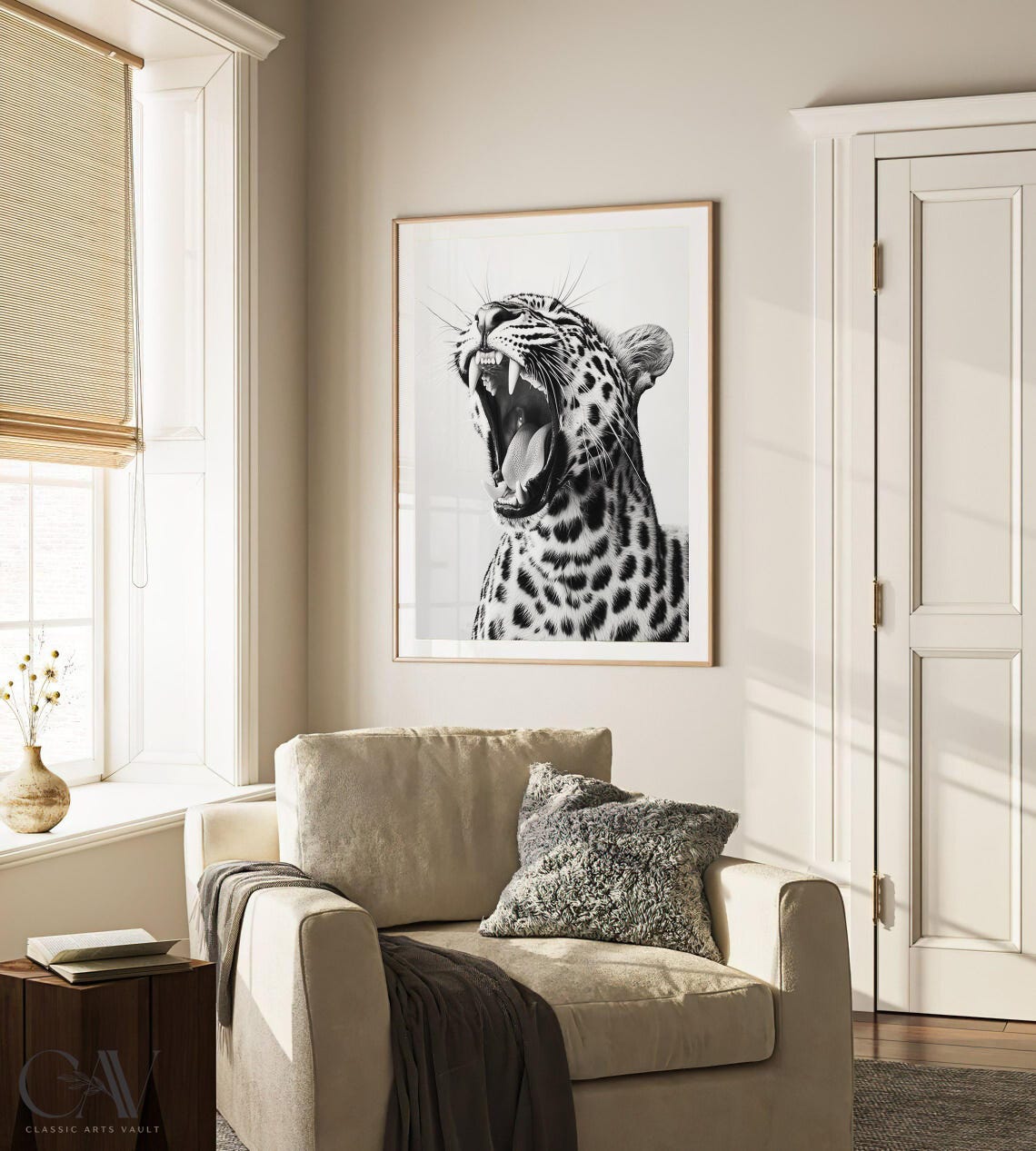 Roaring Leopard Black and White Wild Cat Photography Wall Art - Image 3