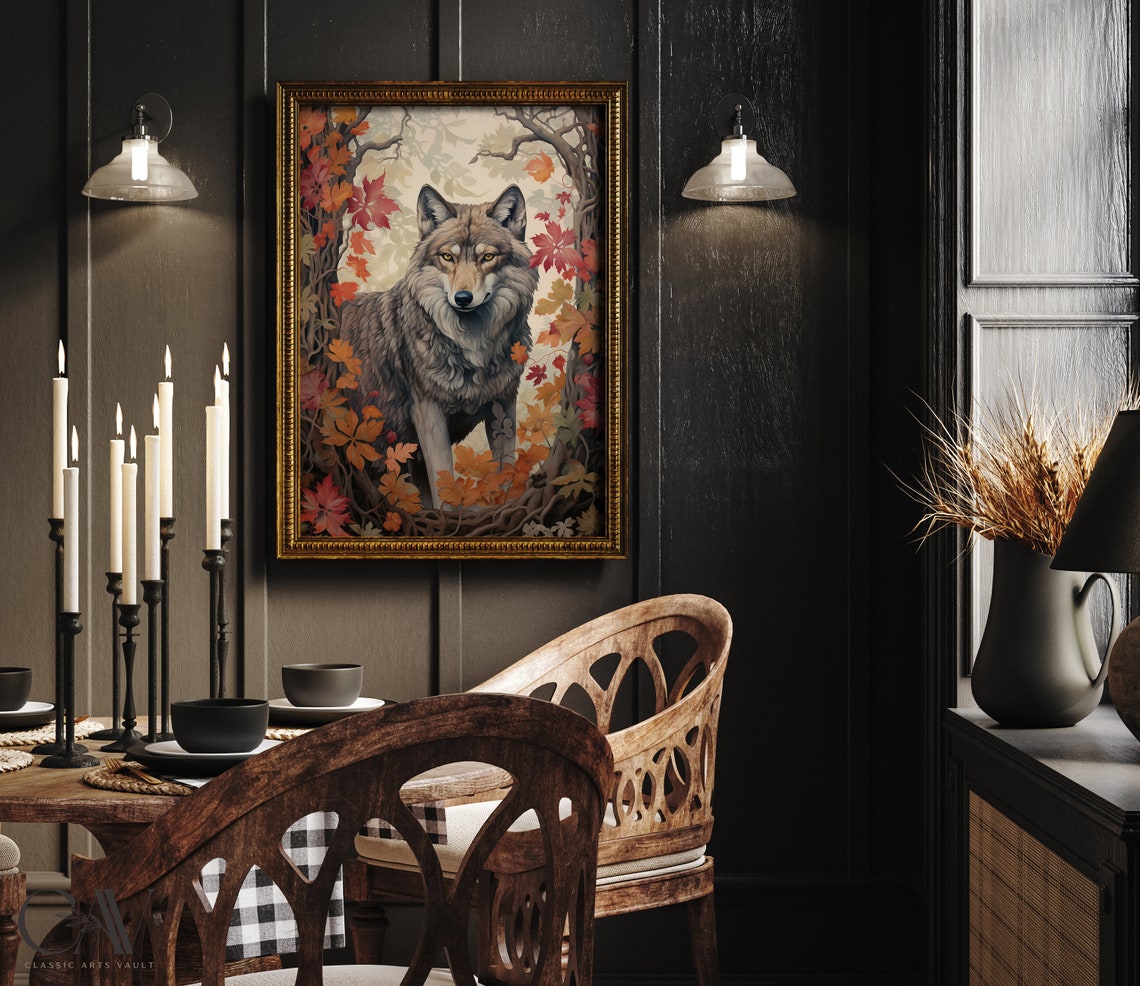 Noble Grey Wolf Standing Among Crimson Autumn Maple Leaves Poster - Image 2
