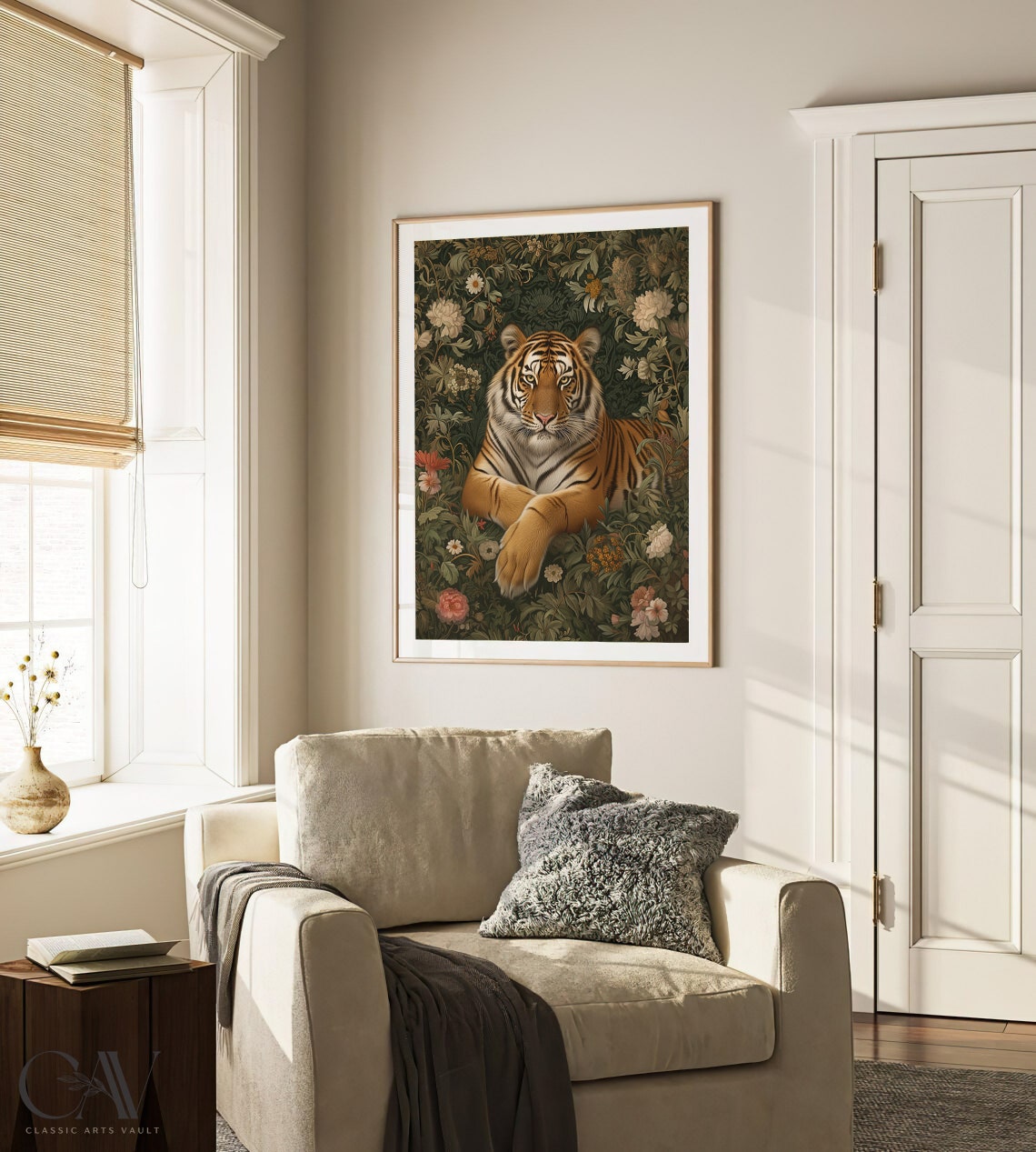 Tiger Reclining Dark Floral Botanical Vintage Jungle Art Poster - Image 2