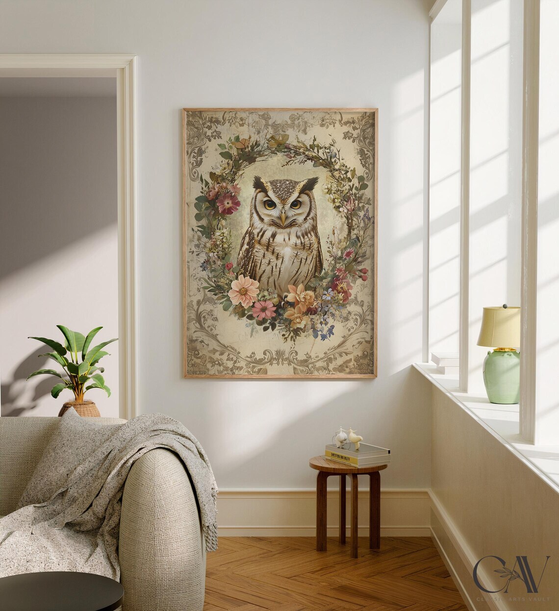 Vintage Owl Portrait In Floral Wreath On Aged Cream Paper Poster - Image 3