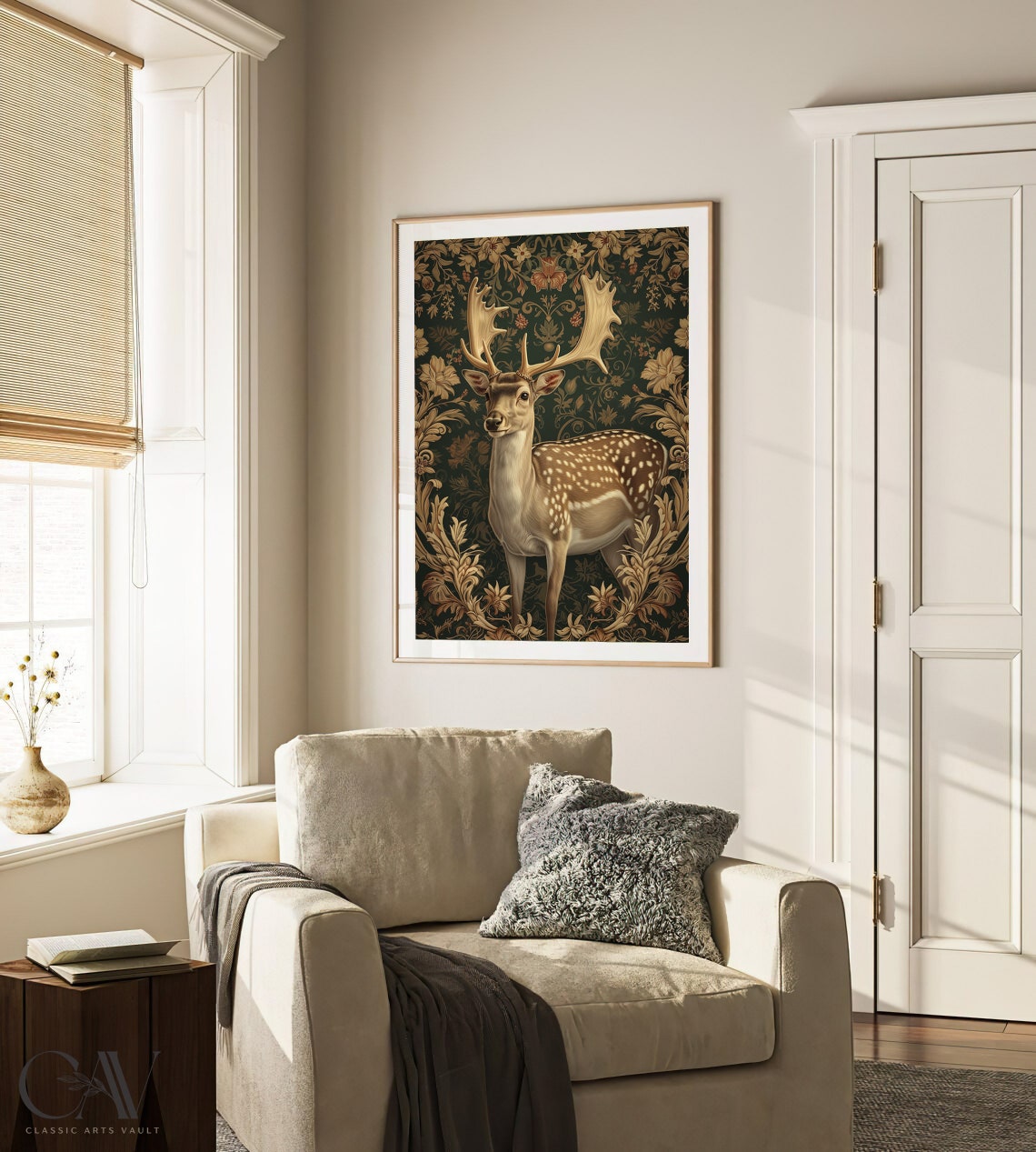 Fallow Deer Stag with Grand Antlers Dark Floral Tapestry Poster - Image 3