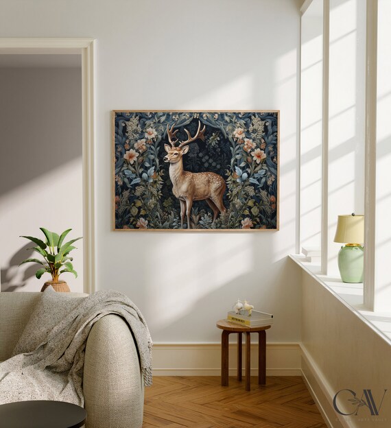 Stag with Antlers in Dark Navy Morris Floral Tapestry Art Print