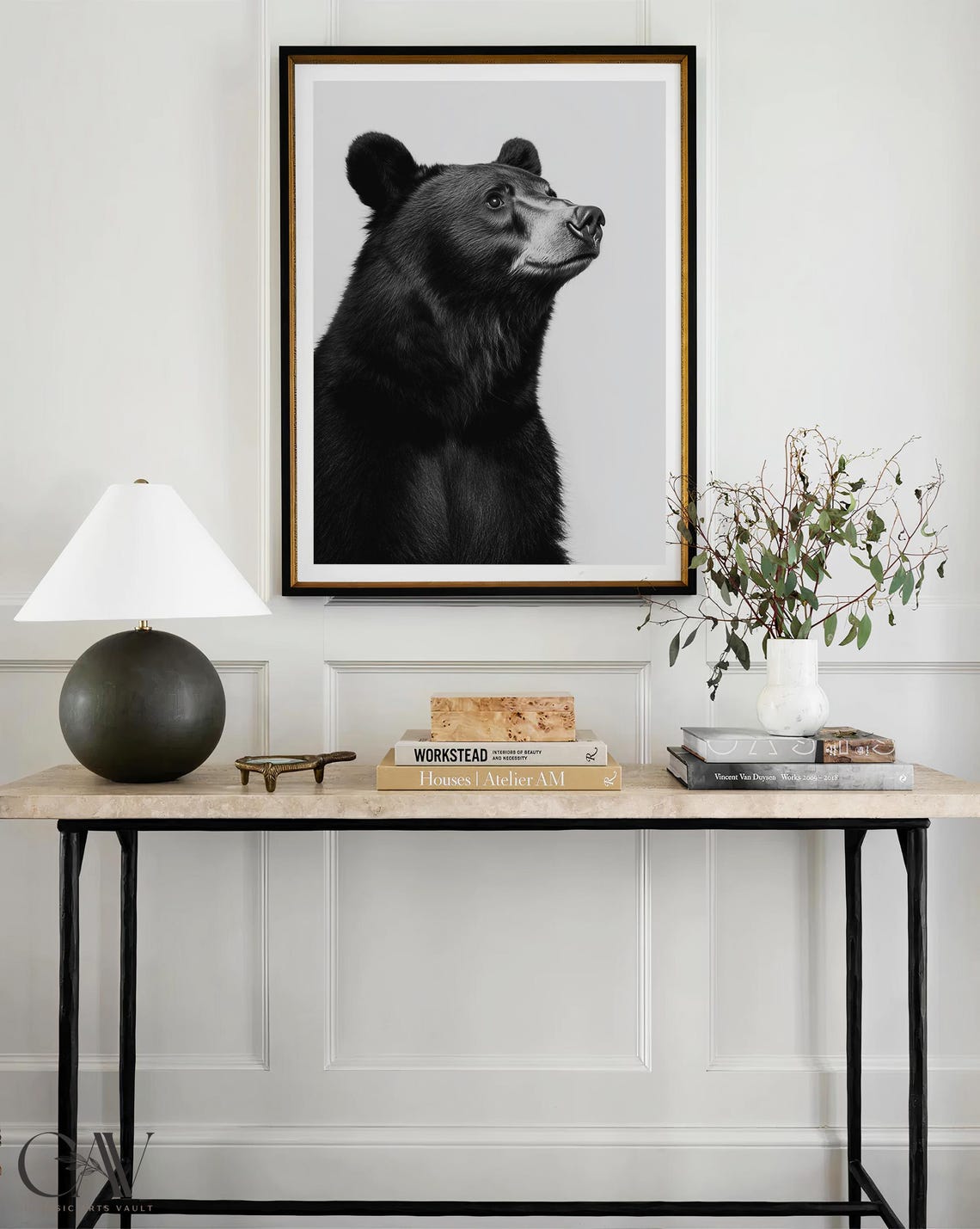 Black and White Black Bear Portrait Gazing Up Photography Poster - Image 4