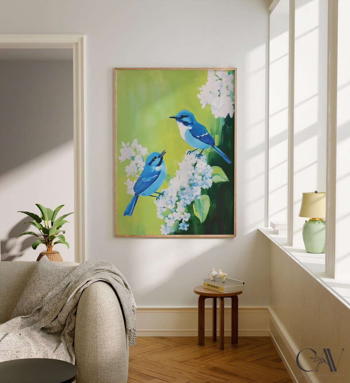 Two Blue Birds On White Blooms Green Spring Garden Art Poster - Image 3