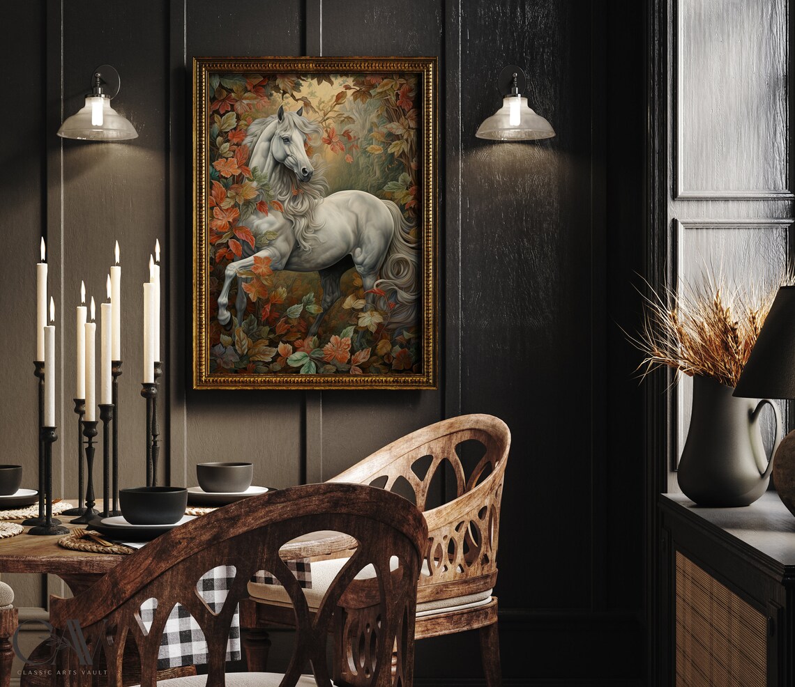 White Horse Rearing Among Golden Autumn Leaves Vintage Poster - Image 2