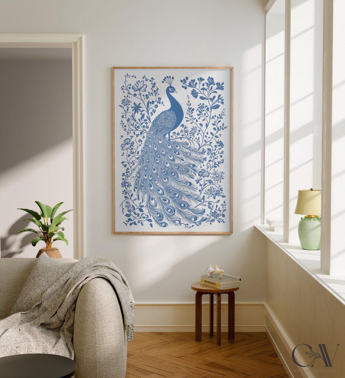 Peacock Chinoiserie Blue White Woodblock Floral Garden Poster - Image 3