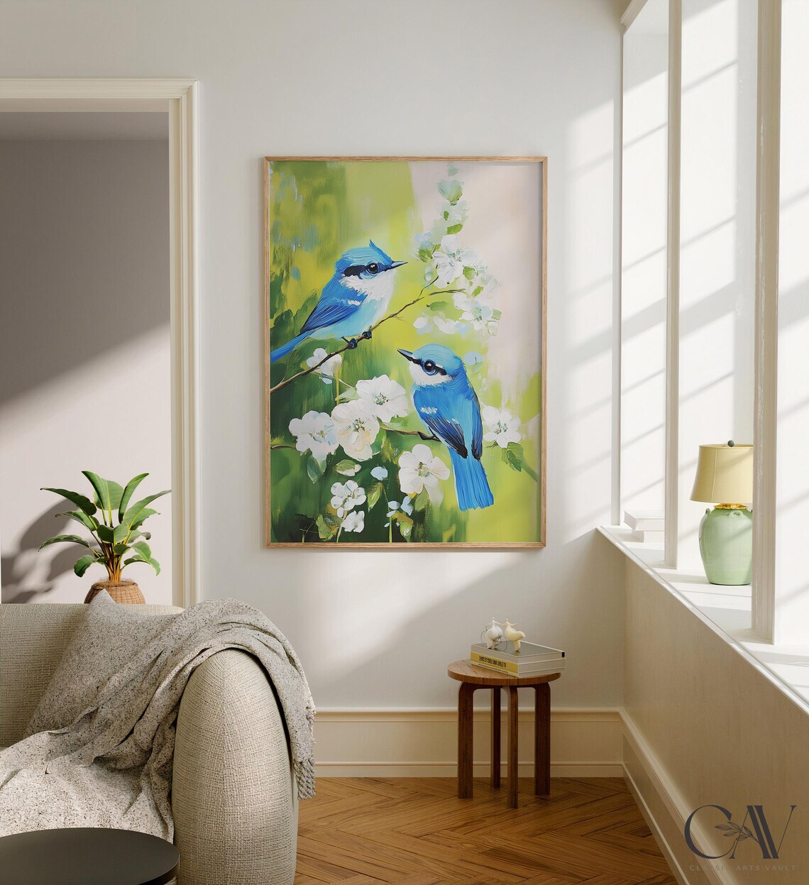 Pair Of Blue Birds Among White Flowers Lime Garden Art Poster - Image 3