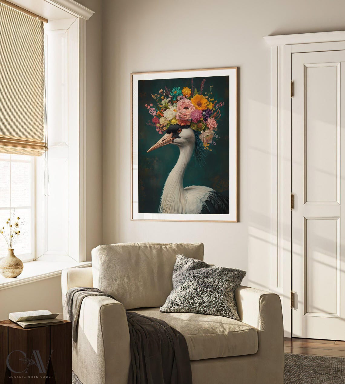 Graceful White Crane With Colorful Floral Crown on Deep Teal Poster - Image 3