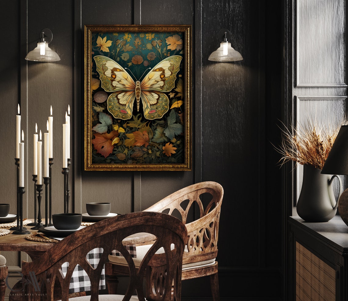 Cream Butterfly On Dark Green Botanical Fall Leaves Art Poster - Image 2