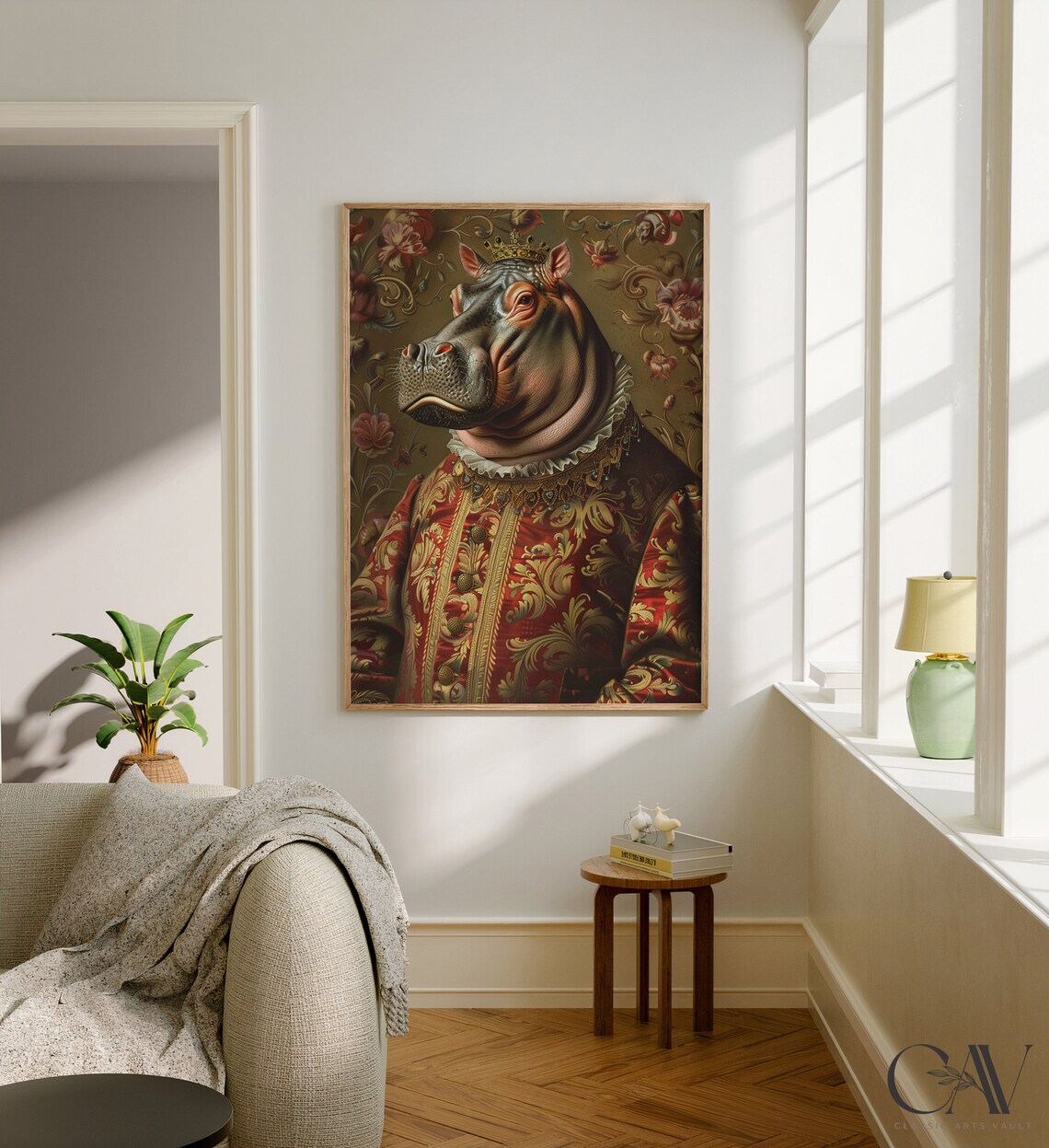Crowned Hippo King Renaissance Portrait Red Brocade Animal Poster - Image 2