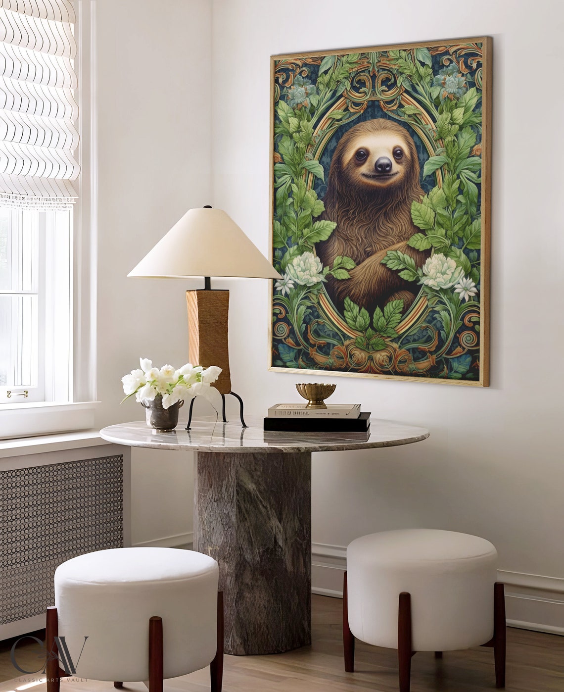 William Morris Style Sloth Portrait Leafy Botanical Wall Art - Image 2