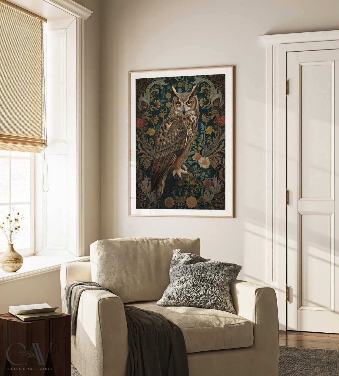 Great Horned Owl Perched Among Dark Vintage Floral Tapestry Poster - Image 2