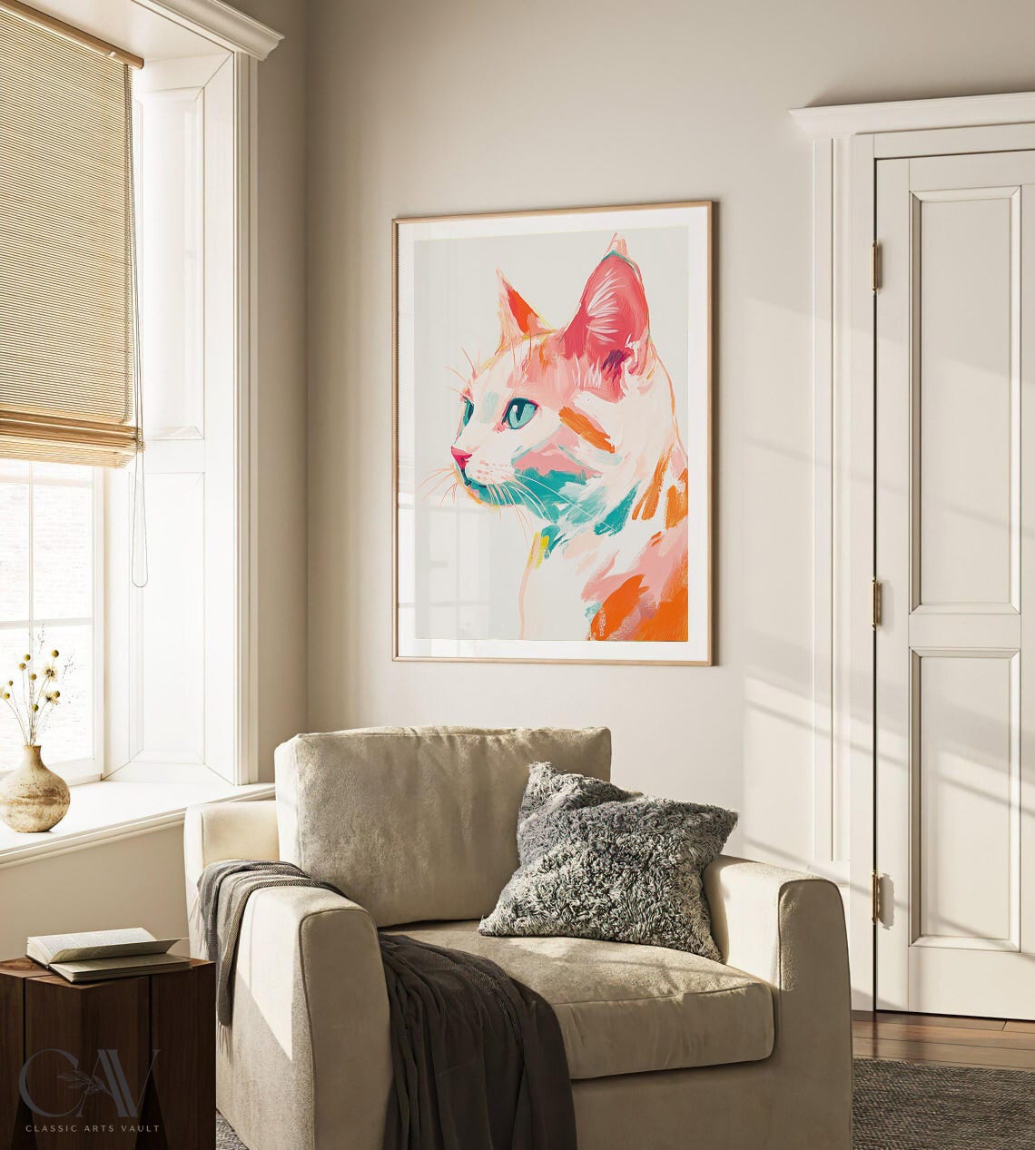 White Cat Profile Pastel Painting Modern Feline Portrait Wall Art - Image 3