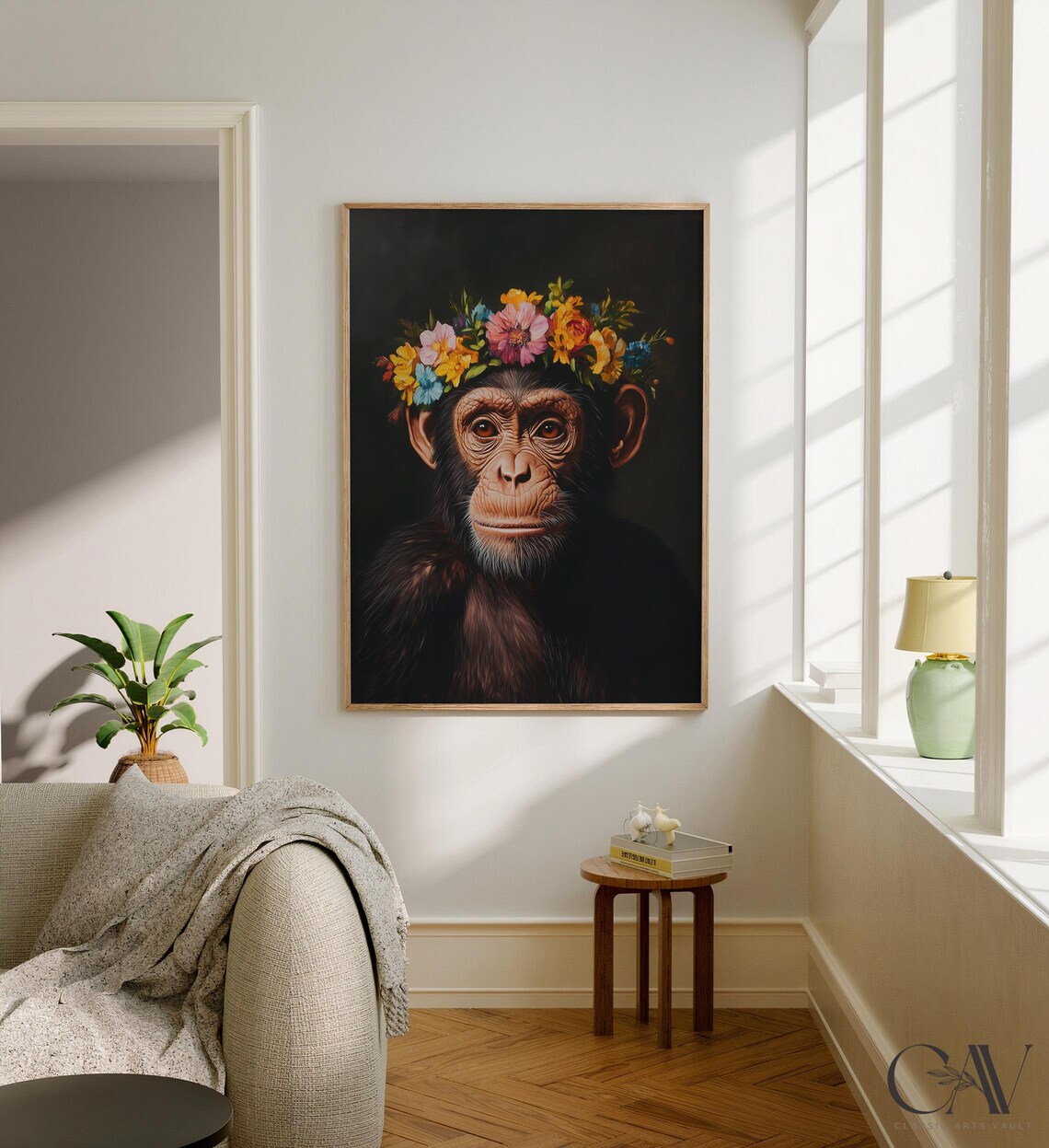 Young Chimpanzee Wearing Pastel Floral Crown Dark Portrait Poster - Image 2
