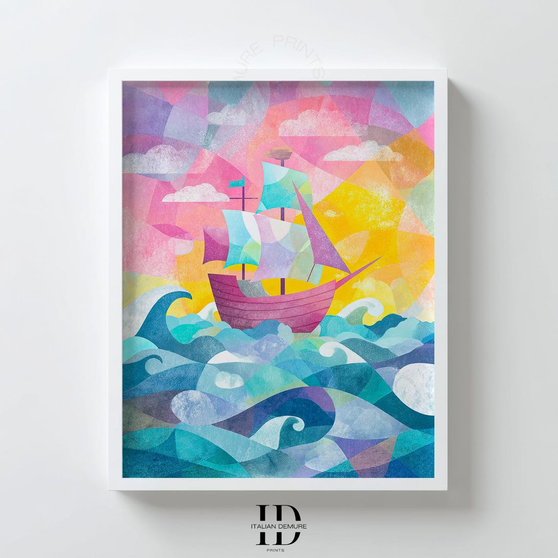 Geometric Colorful Sailboat Ocean Waves Modern Abstract Art Poster
