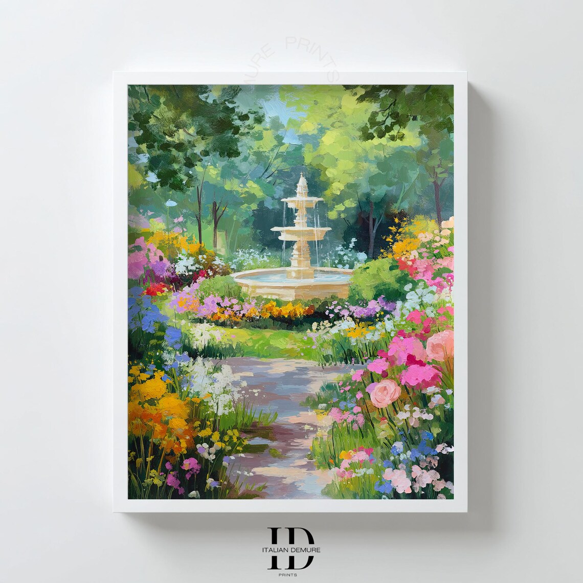 Garden Fountain Among Colorful Flowers Impressionist Landscape Poster