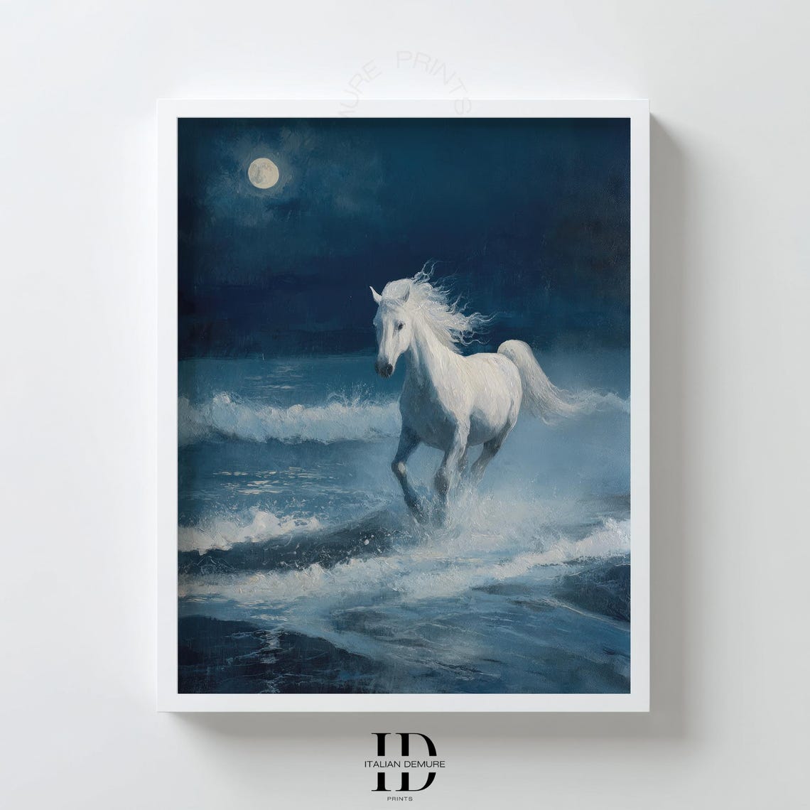 White Horse Running Moonlit Ocean Waves Wild Beach Night Poster