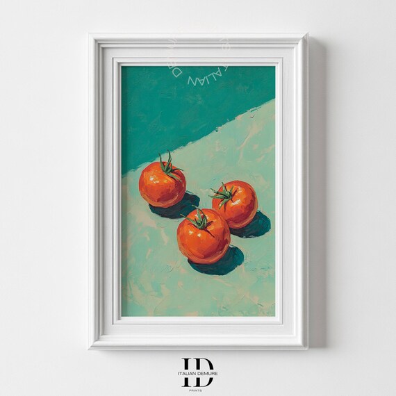 Three Ripe Tomatoes On Mint Green Background Modern Oil Still Life Poster
