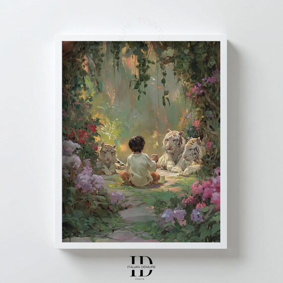 Child With White Tigers Jungle Garden Whimsical Fantasy Animal Poster