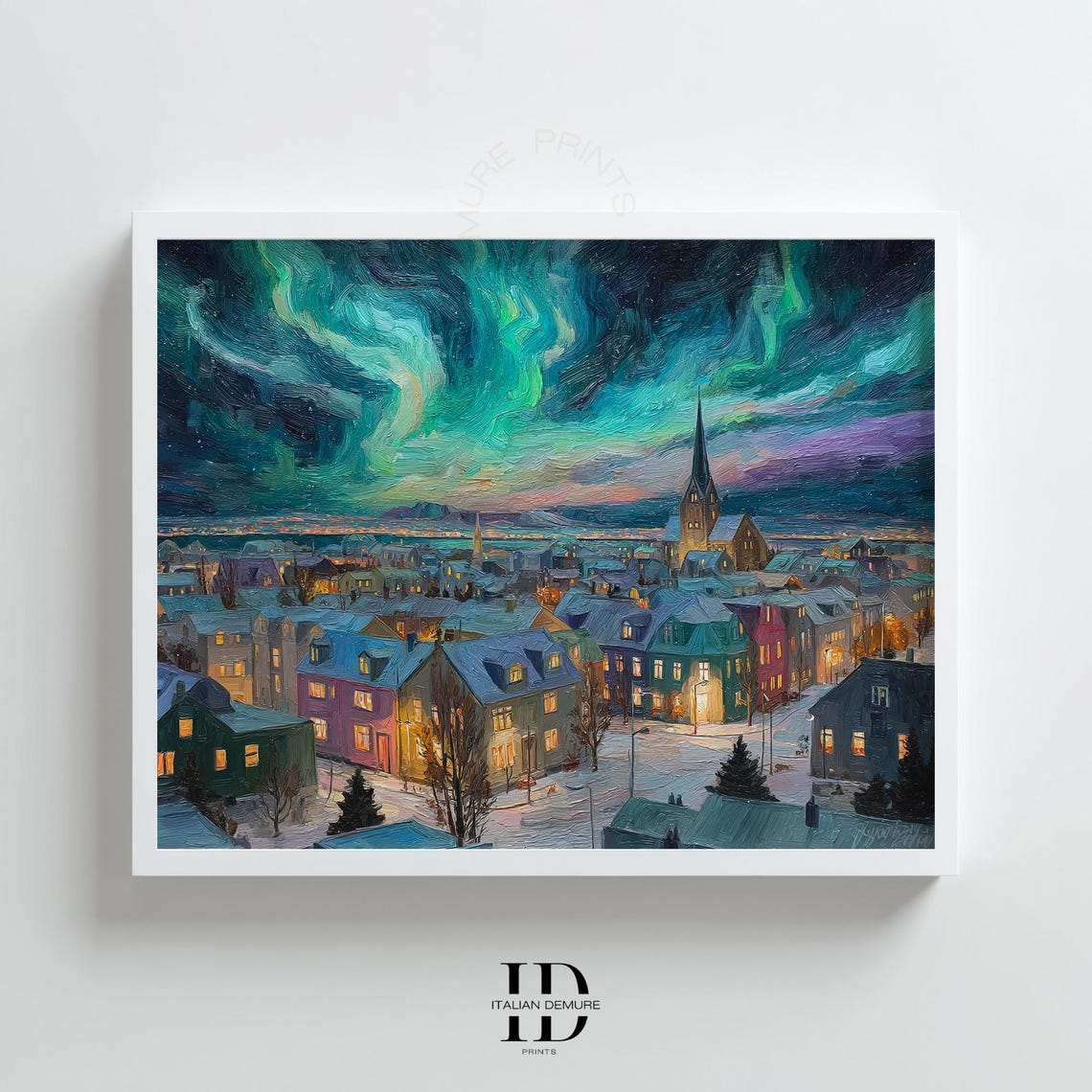 Northern Lights Over Snowy Night City Aurora Borealis Glow Print