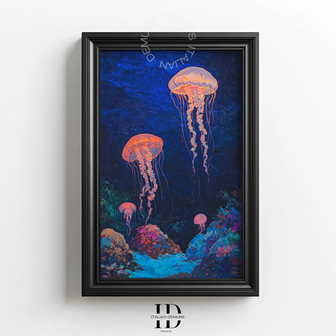 Glowing Jellyfish In Deep Blue Ocean Mystical Underwater Art Poster