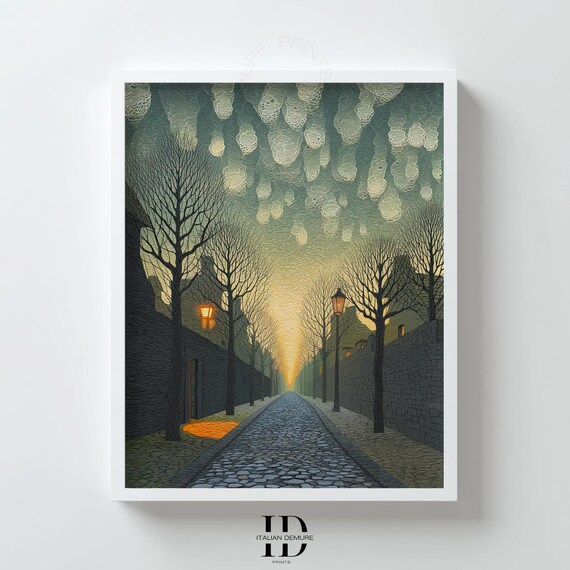 City Street Wall Art Night Lantern Print Cobblestone Alley Illustration Winter Trees Urban Decor Bedroom Poster
