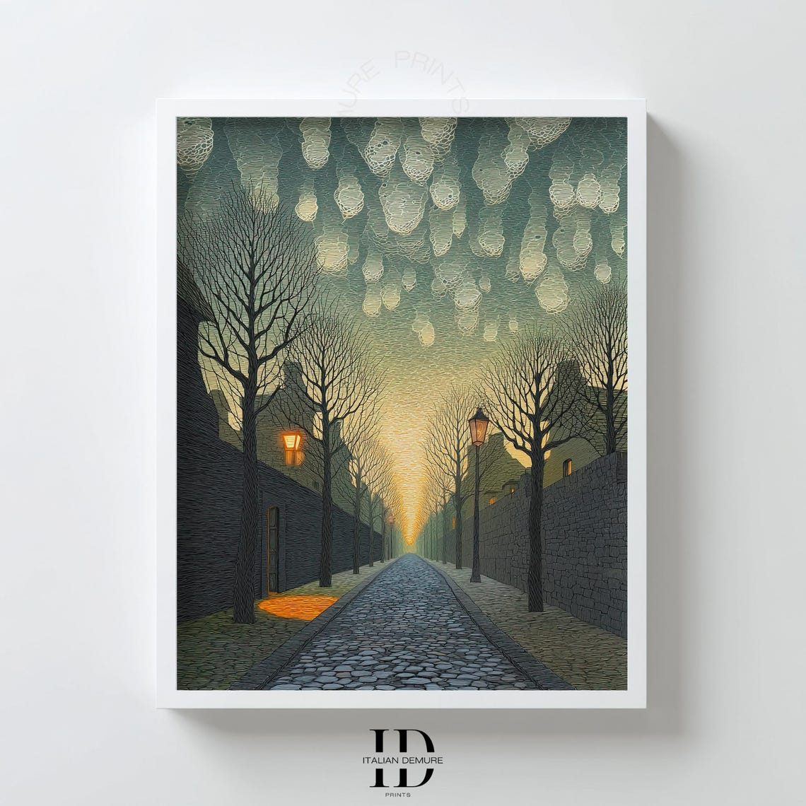 Moonlit Cobblestone Street Night Lanterns Old Alley Art Print