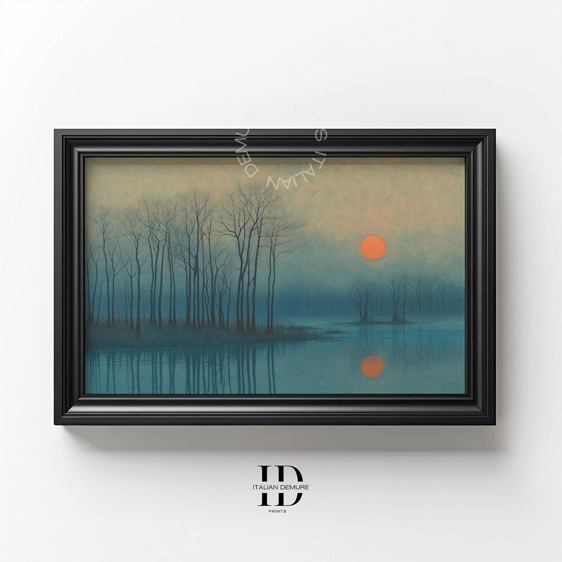 Misty Bare Forest Lake Reflection Orange Sun Moody Landscape Poster