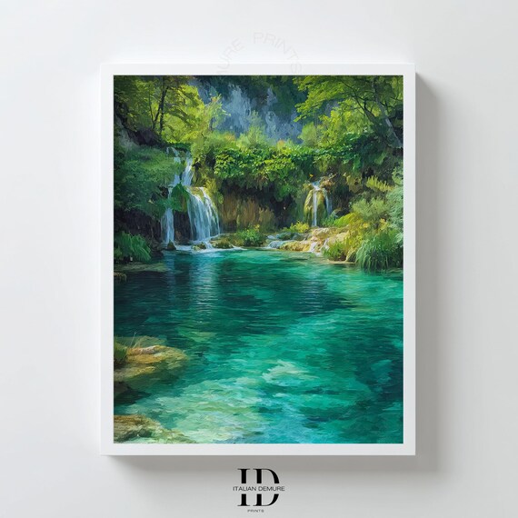Emerald Waterfall Lagoon Tropical Rainforest Landscape Poster