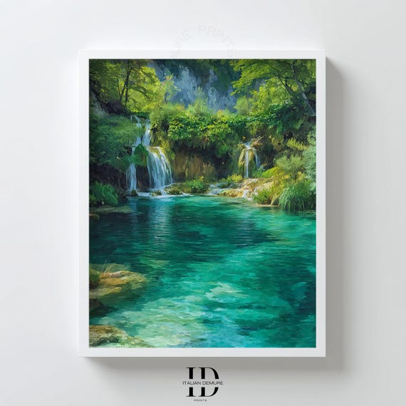 Green Waterfall Wall Art Tropical Lagoon Landscape Print Emerald Forest Pond Poster Peaceful Nature For Bathroom Decor