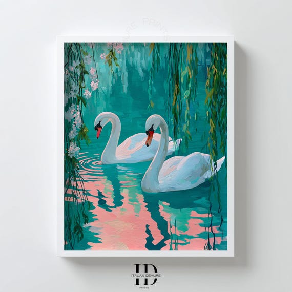 Teal Swan Wall Art Pink Water Reflection Botanical Bird Painting Modern Lake Decor Nursery