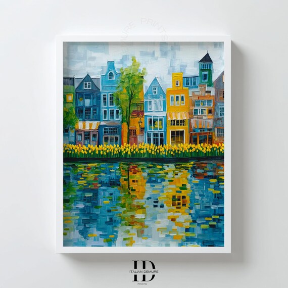 Amsterdam Canal Houses Tulips Colorful Reflection Painting Poster