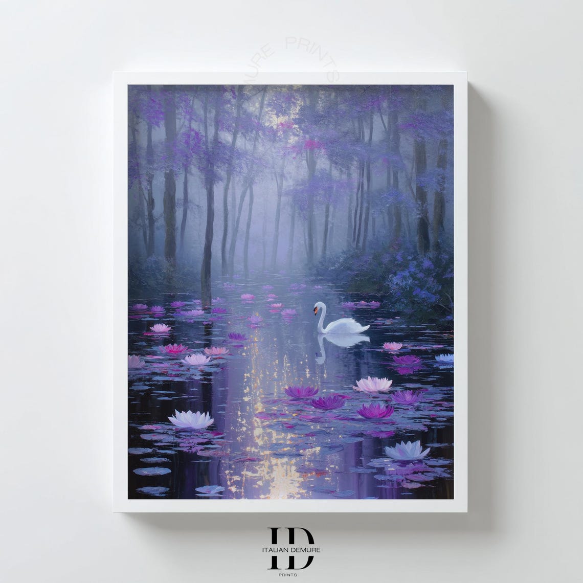 White Swan Misty Purple Water Lily Forest Lake Serene Art Poster