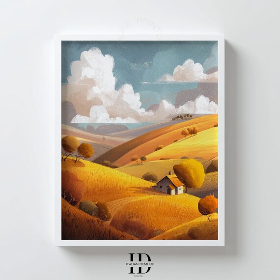 Golden Autumn Landscape Art Print Rustic Countryside Wall Cozy Farmhouse Poster Fall Fields For Living Room