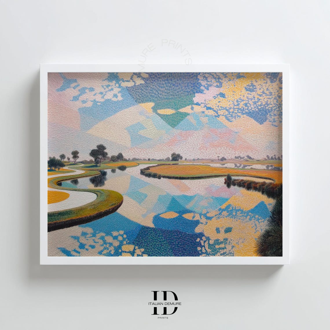 Pointillist River Landscape Golden Fields Modern Colorful Art Poster