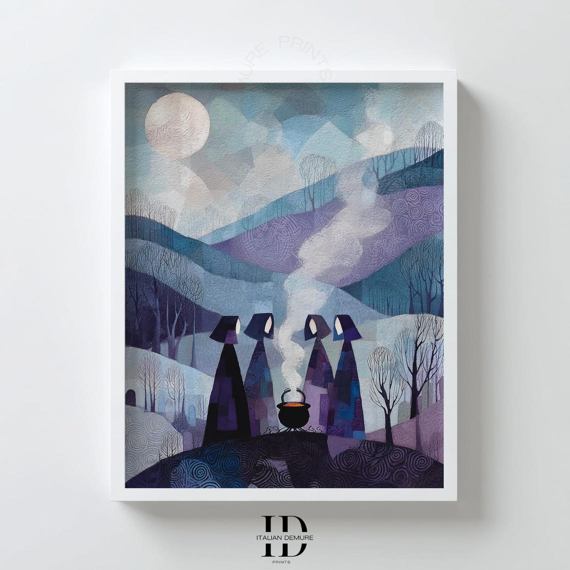 Four Witches Gathered Around a Cauldron Under the Winter Moon Print