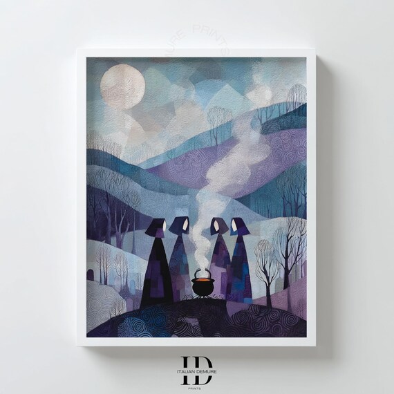 Moonlit Witches Cauldron Print Blue Abstract Landscape Art Folk Illustration Mystical Winter Wall Decor