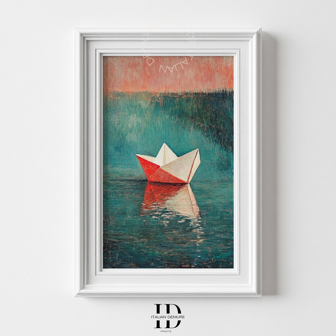 Red White Paper Boat On Teal Water Dreamy Nautical Origami Seascape Poster
