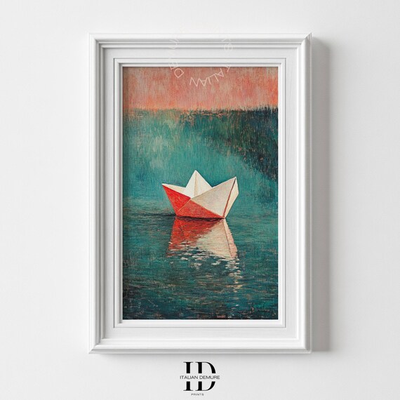 Red White Paper Boat On Teal Water Dreamy Nautical Origami Seascape Poster