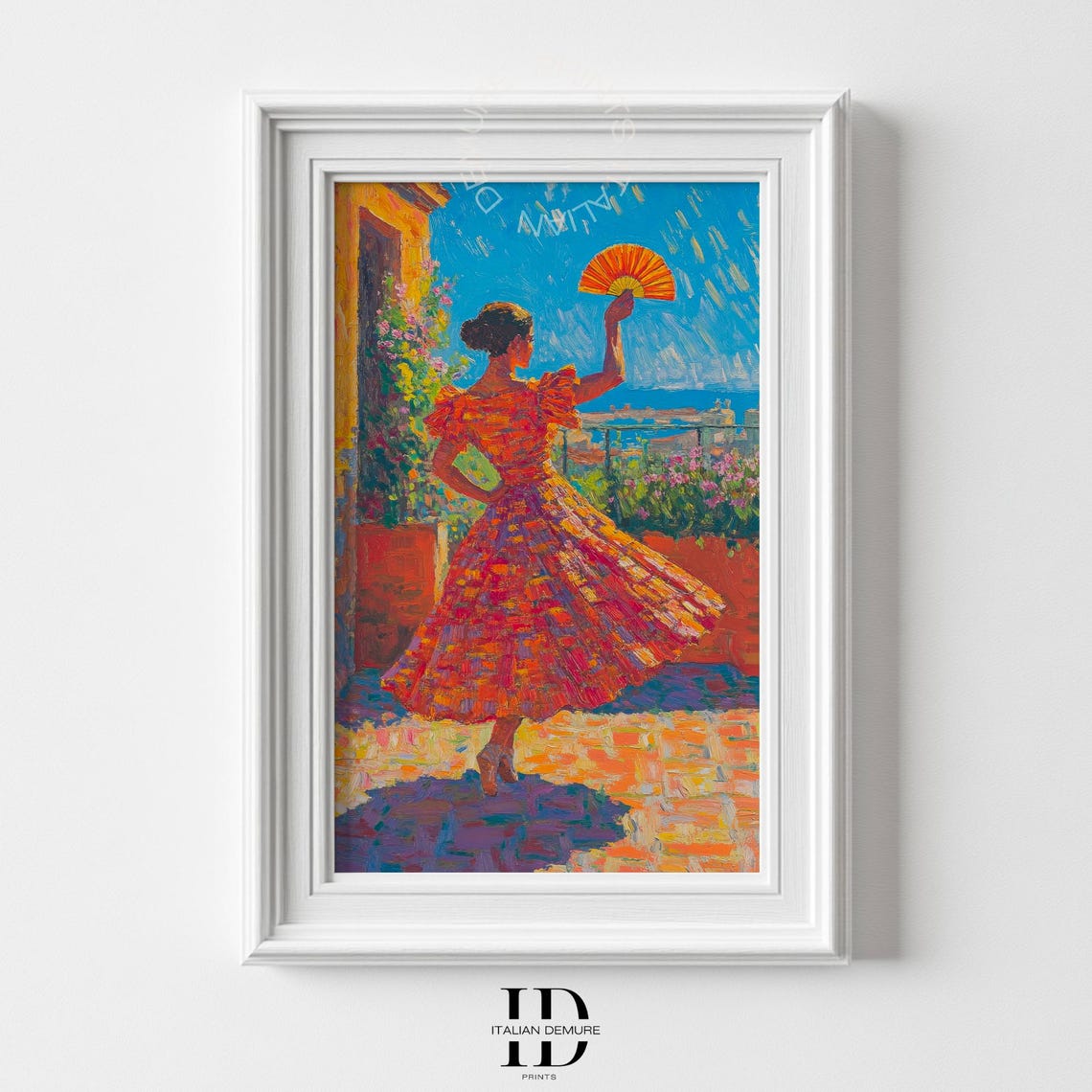 Spanish Flamenco Dancer Red Dress Fan Terrace Impressionist Wall Art