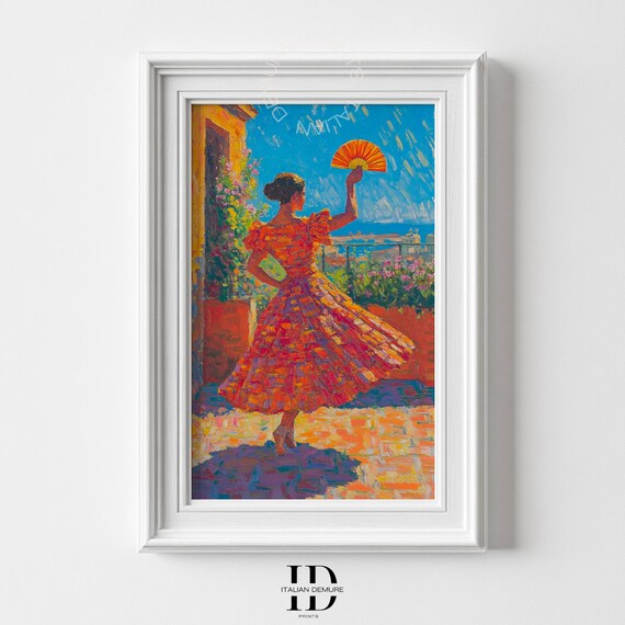 Spanish Dancer With Fan On Terrace Vibrant Impressionist Art Print Flamencoinspired Wall Decor Sunset Colors And Seaside View